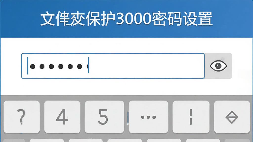 文件夹保护3000密码设置界面示意图,主体为软件密码输入框与虚拟键盘,布局为上下结构,上方标题下方输入区域,排版整齐,风格为简约商务风,细节包含输入框内有圆点掩码、旁边有眼睛图标可切换显示、整体色调以蓝白灰为主,画质高清,干净,无多余元素