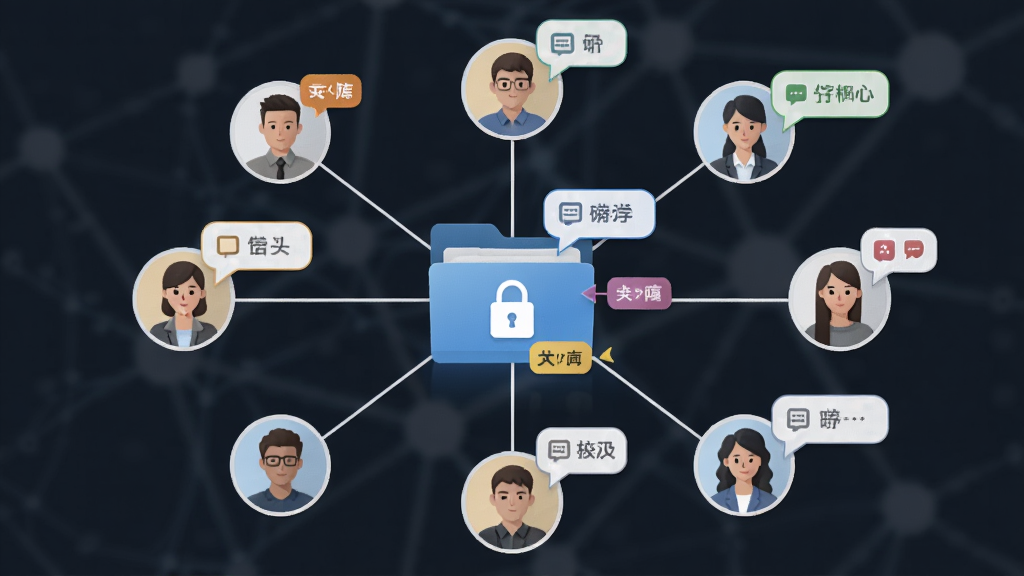 一张展示够快云库团队协作与权限管理的图片。主体为多个用户头像通过线条连接到中央的共享文件夹,文件夹上显示锁形图标和权限标签。布局为放射状网络构图,排版将用户头像均匀分布在文件夹四周。风格为简洁商务信息图风,细节包括不同颜色的权限徽章和评论气泡,画质清晰,干净,无多余元素。