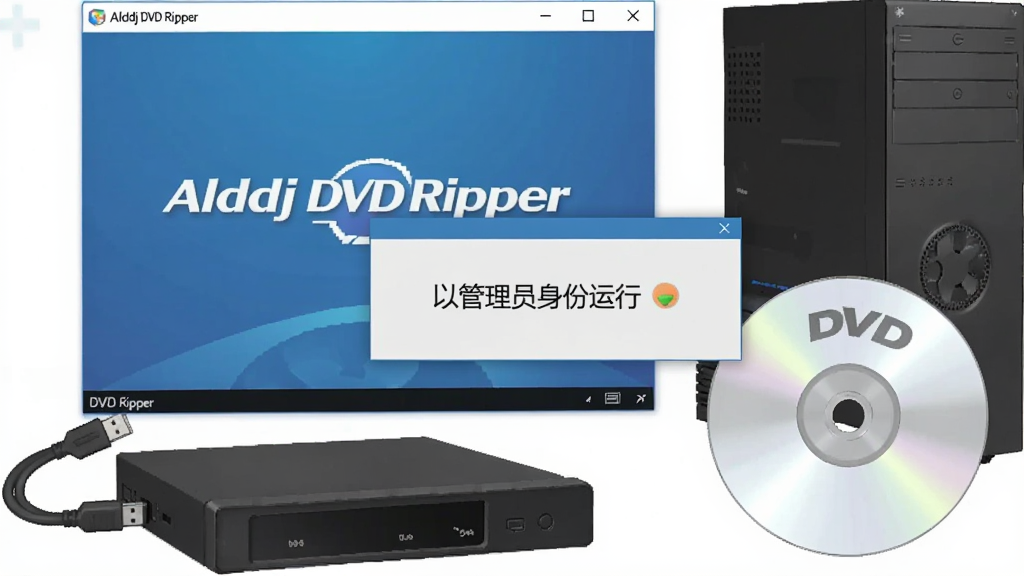AI生成图片,展示一台电脑桌面上 Alldj DVD Ripper 软件运行界面,旁边有外置光驱和一张 DVD 光盘,画面中有提示框显示“以管理员身份运行”,整体风格为实用教程插图,细节包含 USB 线和电脑主机,画质清晰,干净,无多余元素