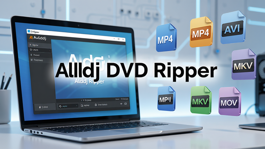 AI生成图片,展示一台笔记本电脑屏幕上正在运行 Alldj DVD Ripper 软件,屏幕旁边漂浮着多种视频格式图标 MP4、AVI、MKV、MOV,背景是简洁的科技风格桌面,画面中央有软件名称 Alldj DVD Ripper 字样,布局清晰,风格现代,细节丰富,画质高清,干净,无多余元素