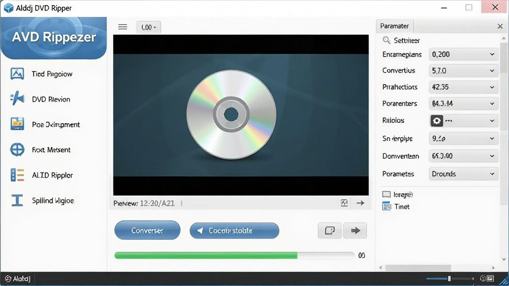 软件主界面展示,画面中央是 Alldj DVD Ripper 软件窗口,左侧为功能导航栏,右侧为视频预览区域和参数设置面板,整体布局简洁清晰,风格为现代电脑软件界面,细节包含光盘图标、转换按钮、进度条,画质清晰,干净,无多余元素
