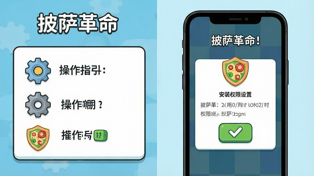 卡通风格游戏界面展示新手教程步骤,布局左侧为操作指引文字框,右侧为手机屏幕演示安装权限设置,排版采用左右分栏,风格为扁平化图标风,细节包括齿轮图标、盾牌安全标识、勾选按钮,画质高清干净无多余元素,画面中文字标注“披萨革命”