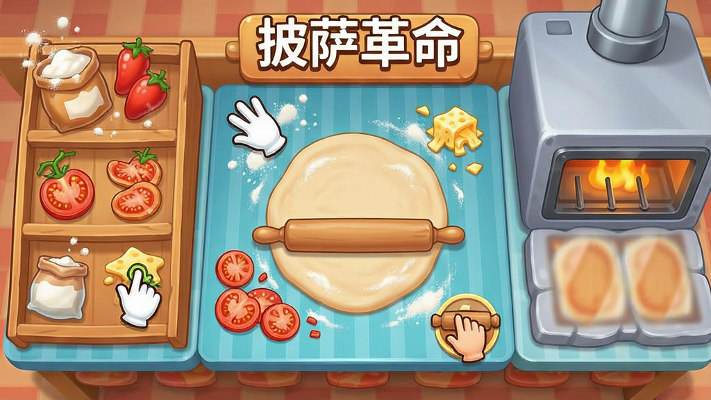 卡通风格游戏界面展示披萨制作台,布局左侧为食材架,中央为正在擀制的面饼,右侧为烤箱,排版采用俯视视角,风格为明亮卡通,细节包括面粉飞扬、番茄切片、芝士碎、操作手势图标,画质高清干净无多余元素,画面中文字标注“披萨革命”