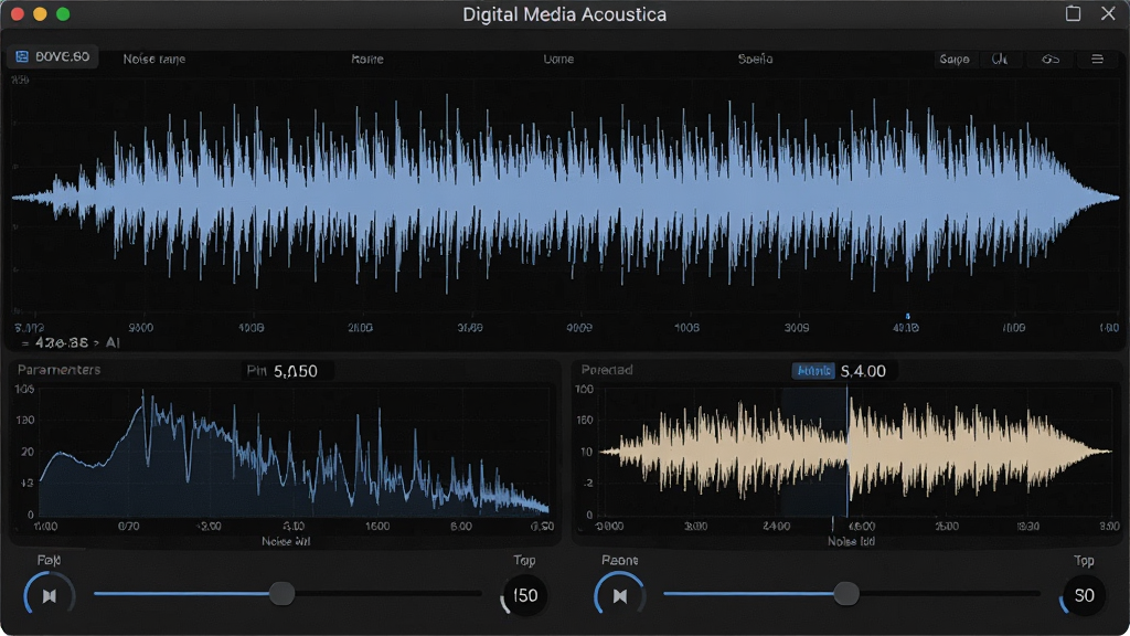 一张展示 Digital Media Acoustica 智能降噪功能的图片,主体为软件降噪处理界面,布局上波形图占据主要区域,下方为降噪参数滑块,排版直观,风格为专业音频软件风格,细节包括噪声采样曲线、降噪前后的波形对比、参数数值显示,画质高清,画面干净,无多余元素