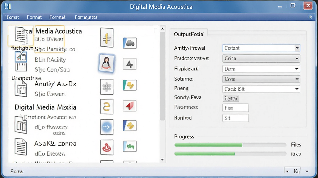 一张展示 Digital Media Acoustica 多格式转换功能的图片,主体为软件格式转换设置窗口,布局上窗口居中,左侧为待转换文件列表,右侧为输出格式选项,排版简洁,风格为办公软件风格,细节包括格式图标、参数下拉菜单、进度条,画质清晰,画面干净,无多余元素