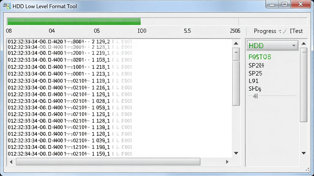 一张展示HDD Low Level Format Tool操作日志界面的图片,主体是软件窗口中的滚动日志区域与进度统计面板,布局为上方进度条下方日志列表,排版清晰,风格为工具软件风,细节包括时间戳、扇区编号、速度数值,画质高清,干净,无多余元素