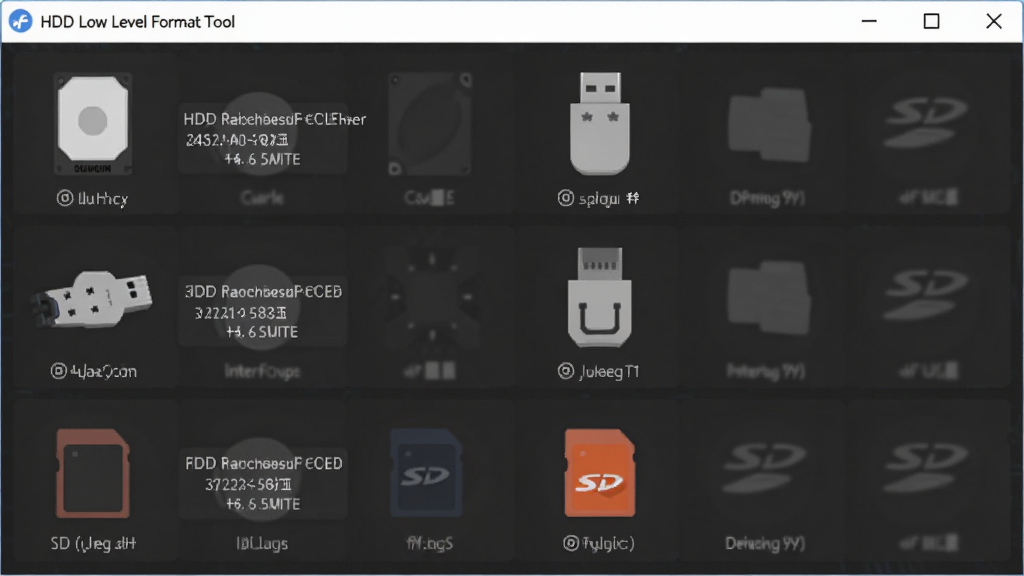 一张展示HDD Low Level Format Tool识别多种存储设备的图片,主体是软件界面中列出的硬盘、U盘、SD卡图标,布局为纵向列表排列,排版简洁,风格为扁平化科技风,细节包括设备型号、容量、接口类型标注,画质高清,干净,无多余元素