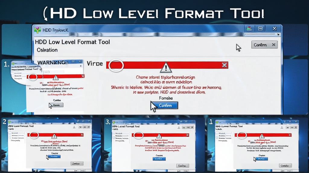 一张展示HDD Low Level Format Tool使用步骤的图片,主体是电脑屏幕上软件操作界面与警告提示框,布局为分步截图排列,排版清晰,风格为教程演示风,细节包括鼠标指针、确认按钮、红色警告文字,画质高清,干净,无多余元素