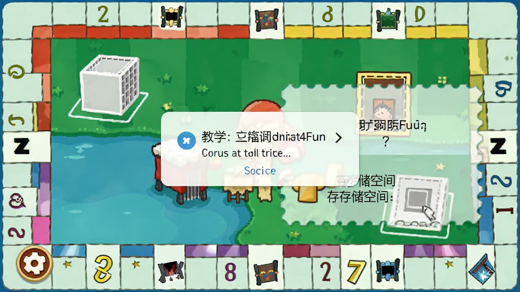 大富翁4Fun新手操作界面截图,画面展示游戏主菜单与教学提示弹窗,布局为手机竖屏UI,风格为简洁明快的游戏引导界面,细节包含权限请求弹窗和存储空间提示,画质清晰,干净无多余元素