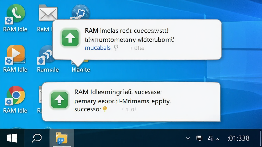 一张展示 RAM Idle Professional 系统托盘静默运行的图片,主体为 Windows 任务栏右下角托盘区域,布局为托盘图标与弹出气泡提示,排版紧凑,风格为真实系统截图风格,细节包含内存释放成功提示文字、绿色图标、时间显示,画质高清 干净 无多余元素