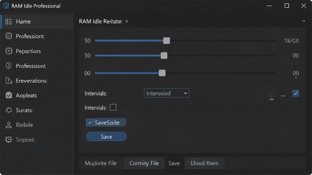 一张展示 RAM Idle Professional 自定义规则设置界面的图片,主体为软件设置面板中的滑块与复选框,布局为左侧导航栏、右侧参数调节区,排版规整,风格为专业工具软件深色主题,细节包含阈值滑块、间隔下拉框、保存按钮、多配置文件标签,画质高清 干净 无多余元素