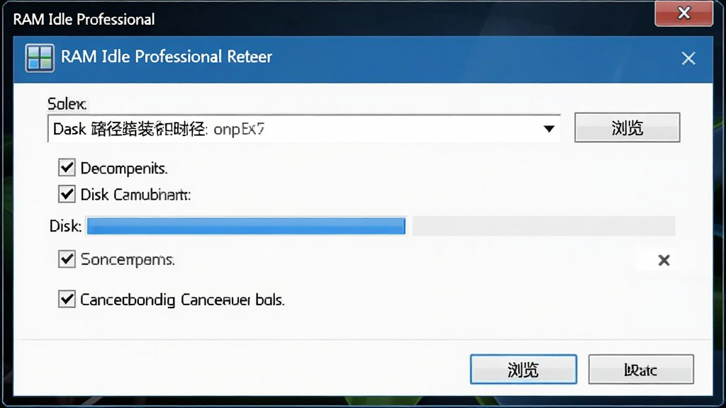 一张展示 RAM Idle Professional 安装向导界面的图片,主体为安装路径选择与组件勾选窗口,布局为中央对话框、底部按钮,排版标准 Windows 安装程序风格,细节包含“浏览”按钮、磁盘容量条、取消捆绑勾选框,画质高清 干净 无多余元素