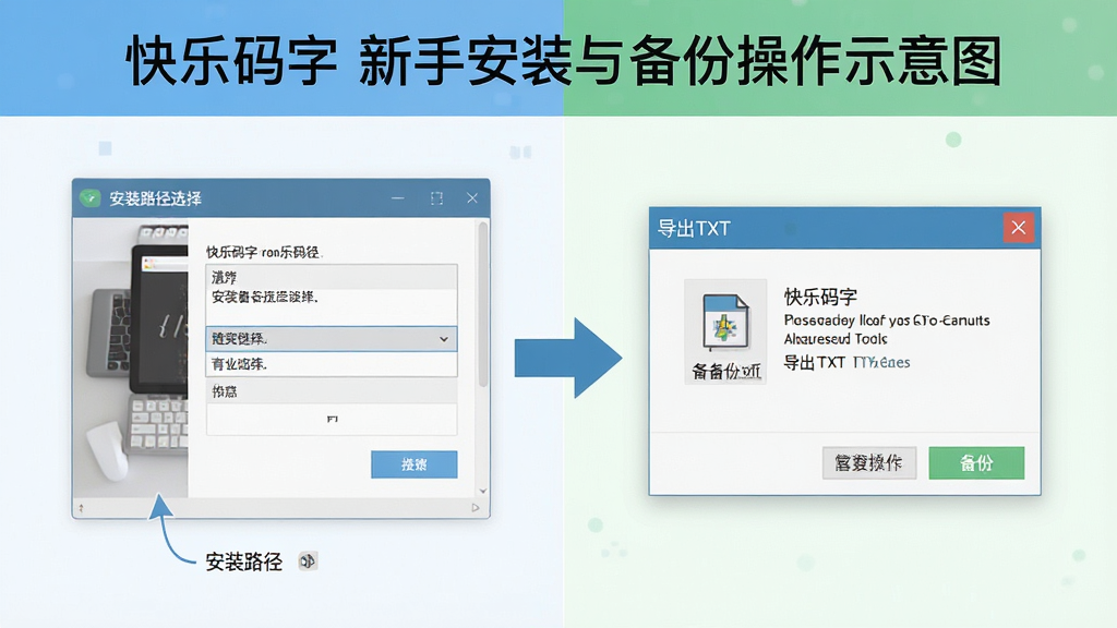 一张“快乐码字”新手安装与备份操作示意图,画面分为左右两部分,左侧显示安装路径选择界面,右侧显示导出TXT备份文件的对话框,中间用箭头连接,整体风格扁平化,配色清爽,文字标注清晰,画质干净,无多余元素