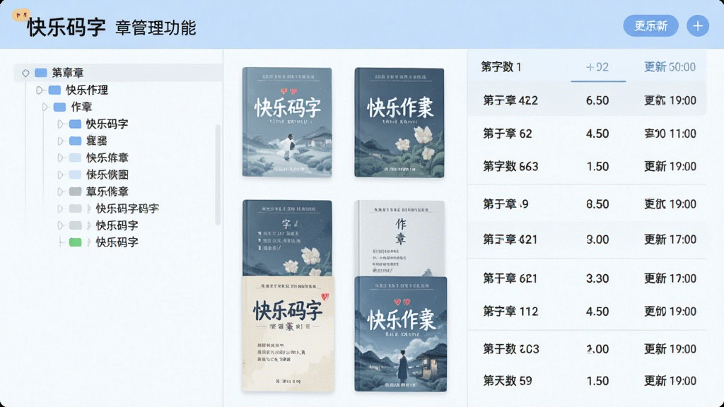 一张展示“快乐码字”章节管理功能的界面截图风格插画,画面中整齐排列着多部作品封面和章节列表,左侧有树状目录结构,右侧显示章节字数与更新时间,整体采用柔和的蓝白配色,风格简约干净,画质清晰,无多余装饰元素