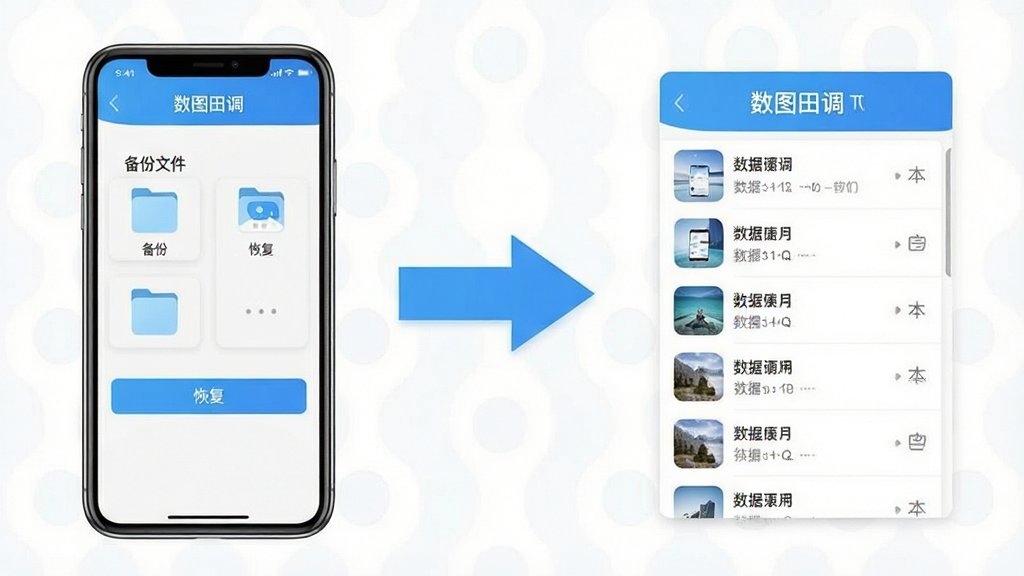 一张展示数图田调数据恢复操作流程的示意图,画面中手机屏幕显示备份文件夹与恢复按钮,旁边有箭头指向成功恢复的数据列表,布局清晰步骤化,风格简洁明快,细节包含软件名称“数图田调”文字,画质高清,干净,无多余元素