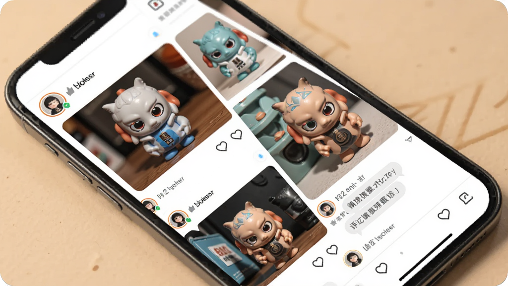 东西潮玩APP社区页面,画面主体为手机屏幕显示用户发布的潮玩收藏照片和互动评论区,布局为瀑布流式内容展示,风格为温馨社交风格,细节上包含用户头像、点赞图标和评论气泡,画质清晰,干净,无多余元素