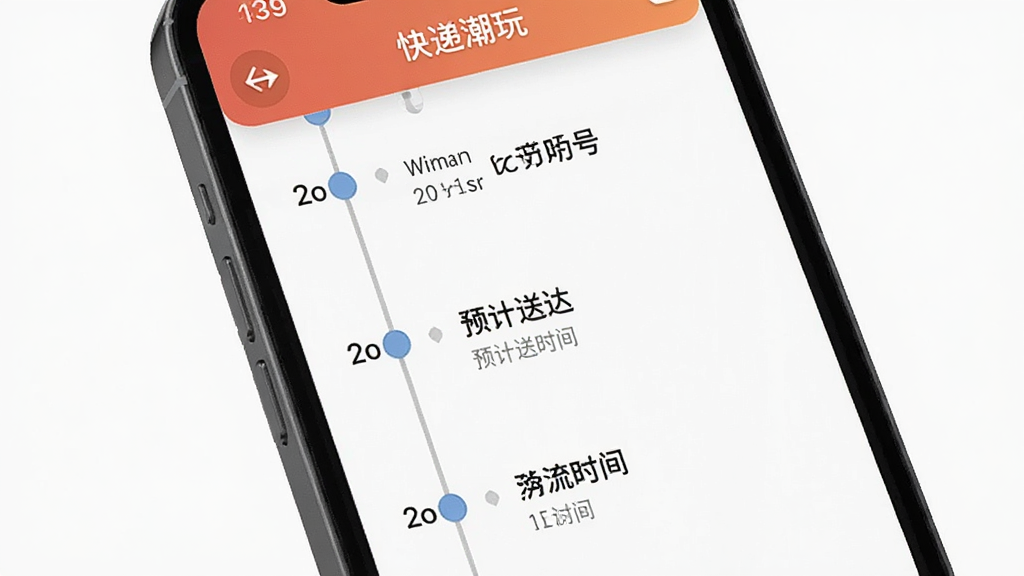 东西潮玩APP订单物流查询页面,画面主体为手机屏幕显示物流跟踪信息,布局为竖向时间轴式展示,风格为简洁清晰的工具类界面,细节上包含快递单号、物流节点和预计送达时间,画质清晰,干净,无多余元素
