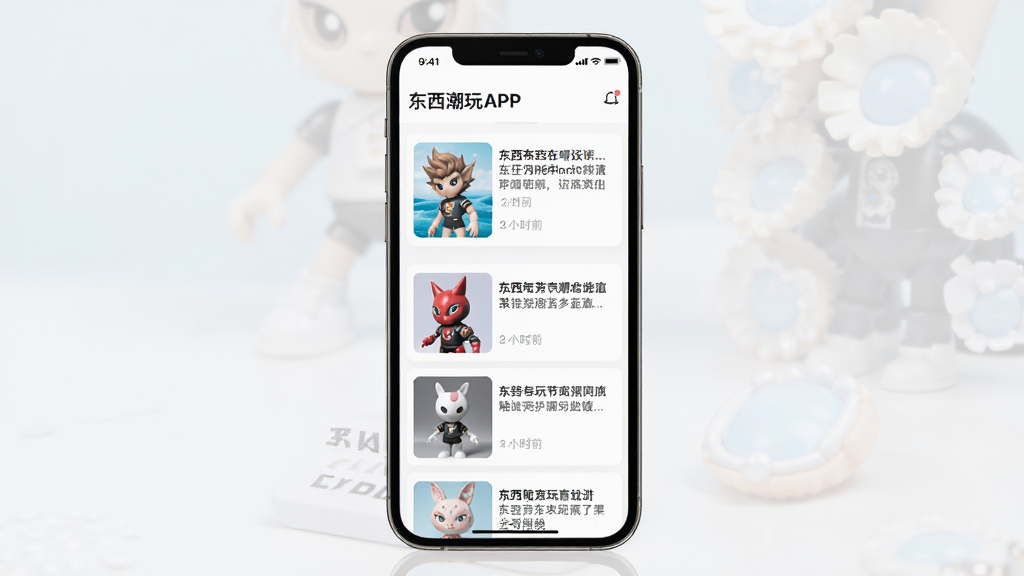 东西潮玩APP资讯页面展示图,画面主体为手机屏幕,屏幕上显示潮流玩具新闻列表,布局为竖向排列的卡片式新闻流,风格为干净明亮的移动端UI风格,细节上包含玩具图片缩略图、标题文字和发布时间标签,画质清晰,干净,无多余元素