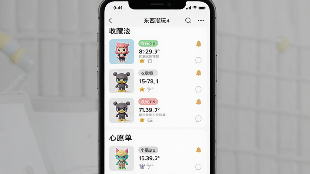 东西潮玩APP收藏管理界面,画面主体为手机屏幕显示收藏列表和心愿单,布局为竖向列表式展示,风格为简洁实用风格,细节上包含玩具缩略图、收藏状态标签和提醒铃铛图标,画质清晰,干净,无多余元素