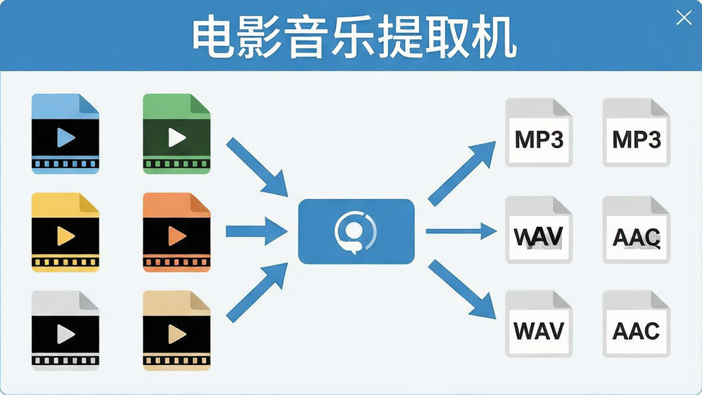 一张展示电影音乐提取机多格式支持的示意图,画面中多个不同格式的视频文件图标排列整齐,箭头指向中央的音频提取按钮,旁边显示MP3、WAV、AAC等音频格式标识,软件名称