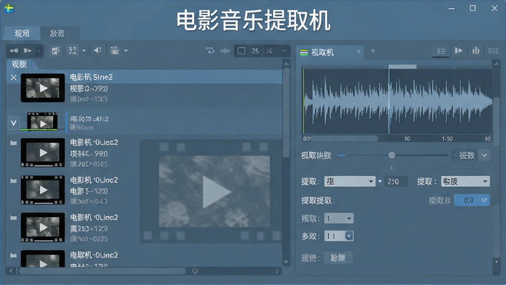 一张展示电影音乐提取机软件界面的图片,画面中央是软件主窗口,左侧显示视频文件列表,右侧展示音频波形和提取参数设置面板,窗口上方有软件名称