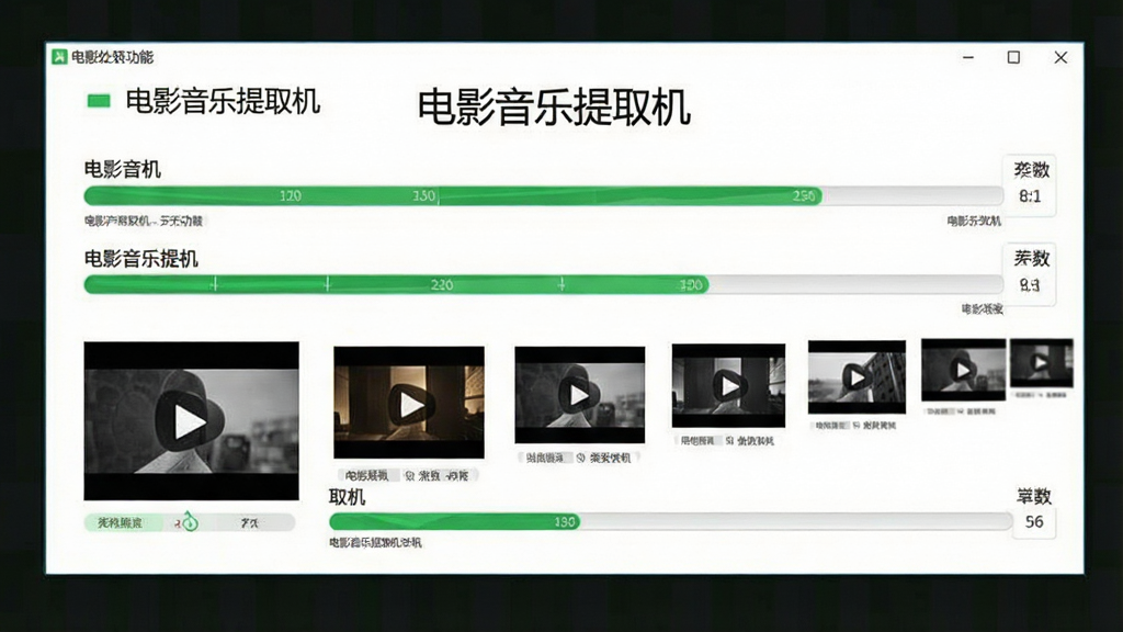 一张展示电影音乐提取机批量处理功能的图片,画面中显示多个视频文件排队等待处理,进度条分别显示不同完成状态,软件名称