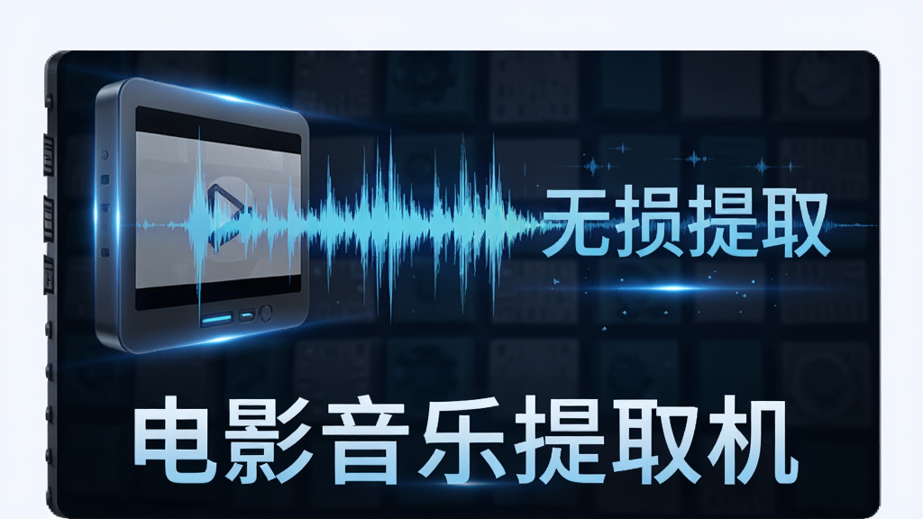 一张展示电影音乐提取机无损提取技术的概念图,画面中一条高保真音频波形从视频文件中完美分离出来,旁边有