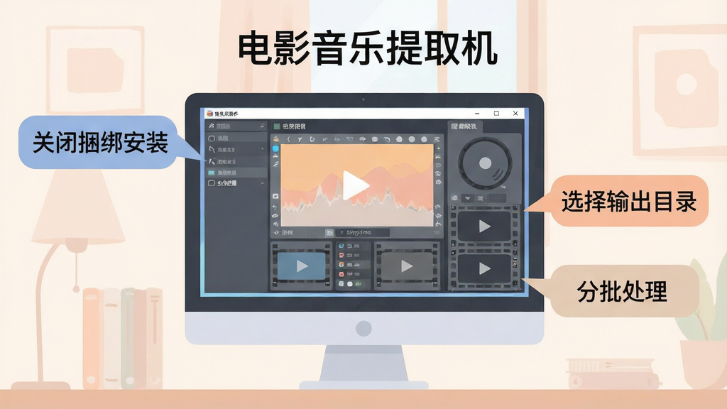 一张展示电影音乐提取机使用技巧的示意图,画面中电脑屏幕上显示软件操作界面,旁边有提示文字气泡标注