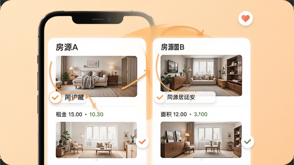 安同城居租房收藏对比功能界面,手机屏幕展示两列房源对比卡片,左侧为房源A的租金和面积信息,右侧为房源B的对应信息,顶部有收藏心形图标,背景为淡橙色柔和渐变,风格温馨明快,细节包括对比高亮线条和勾选标记,画质高清,干净,无多余元素