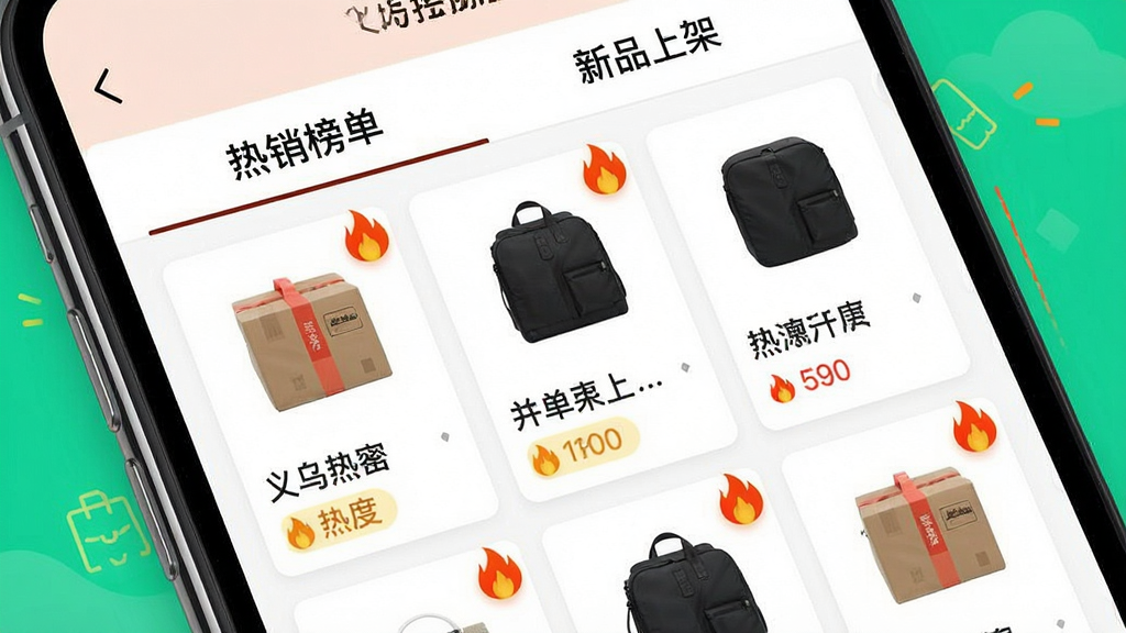 一张展示义乌货源批发采购软件热销榜单功能的界面图,画面为手机屏幕特写,屏幕上显示着