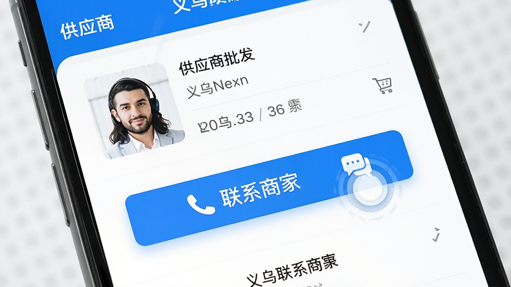 一张展示义乌货源批发采购软件一键联系商家功能的场景图,画面为手机屏幕特写,屏幕中央显示着供应商详情页和