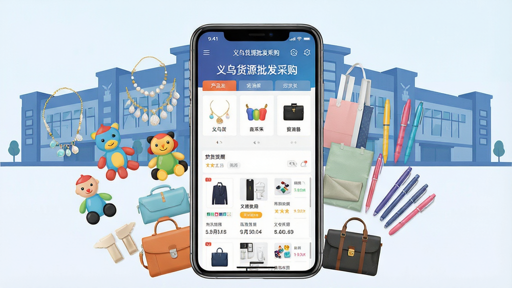 一张展示义乌货源批发采购软件核心功能的宣传图,画面中央是一部智能手机,手机屏幕上显示着义乌货源批发采购APP的商品分类界面和货源列表,手机周围环绕着饰品、玩具、日用百货、文具、箱包等小商品元素,背景是义乌国际商贸城建筑轮廓,整体布局为居中构图,风格为现代扁平化科技风,细节上手机屏幕有清晰的中文界面文字