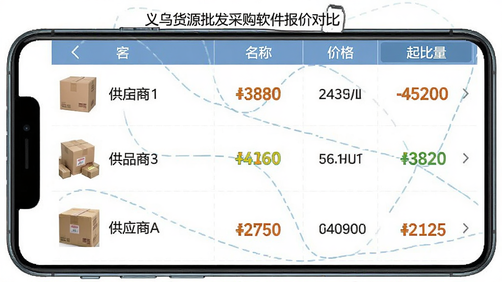 一张展示义乌货源批发采购软件报价对比功能的示意图,画面主体为手机屏幕,屏幕上显示着三到四个供应商的同类商品报价列表,每行包含商品图片、名称、价格和起批量,布局为表格对比样式,风格为简洁明了的商务风,细节上价格数字用不同颜色标注高低,画质高清,干净,无多余元素
