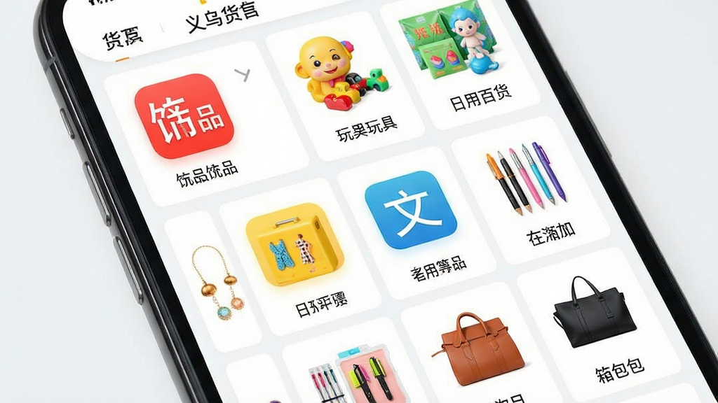 一张展示义乌货源批发采购软件货源分类浏览功能的界面图,画面主体为手机屏幕特写,屏幕上清晰展示着饰品、玩具、日用百货、文具、箱包等分类图标和对应的商品缩略图,布局为竖向列表与网格混合排列,风格为清新简约的电商界面风,细节上分类图标色彩鲜明、文字标注清晰,画质高清,干净,无多余元素