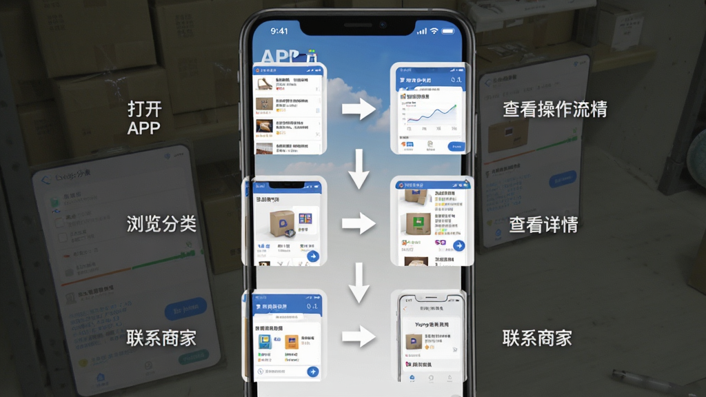 一张展示义乌货源批发采购软件在手机端操作流程的示意图,画面为手机屏幕从上到下依次展示打开APP、浏览分类、查看商品详情、联系商家四个步骤,布局为纵向流程图样式,风格为简洁明快的教程风,细节上每一步都有对应的界面缩略图和箭头指引,画质高清,干净,无多余元素