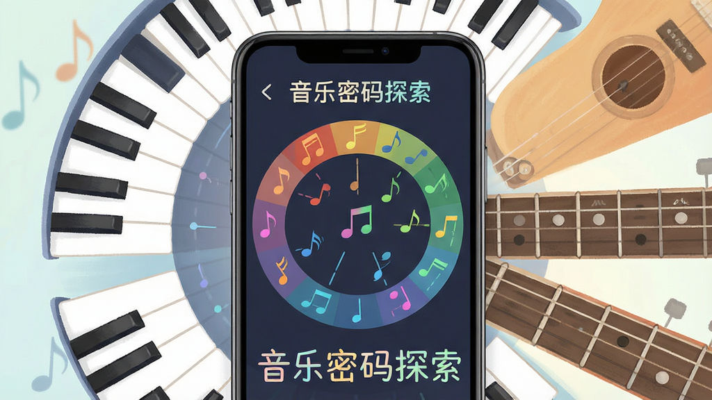 一幅展示音乐密码探索音符可视化解析功能的生图,画面中央为一部手机,屏幕上显示着彩色音符在圆形音轮上排列的图形界面,周围环绕着钢琴键盘与吉他指板图案,布局采用放射状构图,风格为清新教育类插画,细节上突出音符的色彩区分与排列规律,画质柔和清晰,画面中带有文字“音乐密码探索”,无多余元素