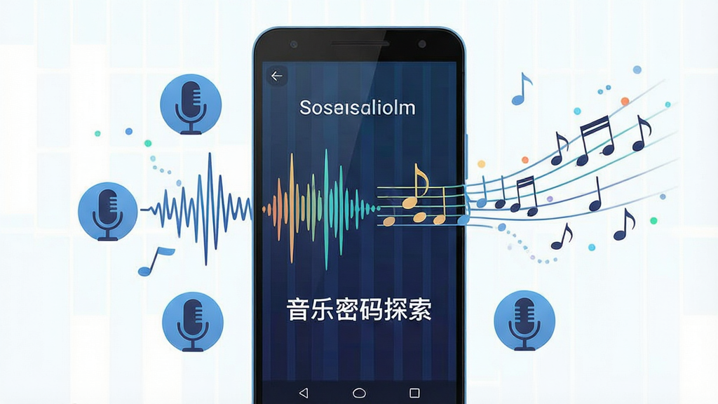 一幅展示音乐密码探索智能旋律识别功能的AI生图,画面主体为一部安卓手机,手机屏幕显示声波转化为五线谱音符的动态过程,手机周围环绕着麦克风图标与流动的音符粒子,布局采用居中构图,风格为科技感扁平插画,细节上强调声波与音符的转换关系,画质清晰明亮,画面中带有文字“音乐密码探索”,干净无多余元素