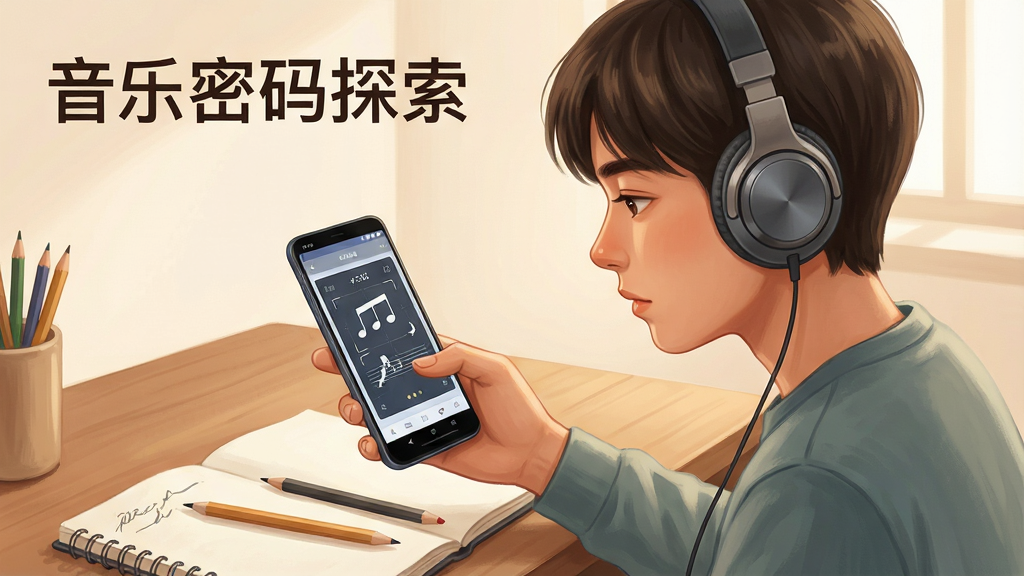 一幅展示音乐密码探索移动端使用场景的生图,画面中一位年轻人戴着耳机坐在书桌前,手持安卓手机使用音乐密码探索应用,手机屏幕显示音符识别界面,桌面上有笔记本与铅笔,布局为侧面视角,风格为温馨写实插画,细节上突出人物专注的表情与手机界面的清晰度,画质柔和干净,画面中带有文字“音乐密码探索”,无多余元素