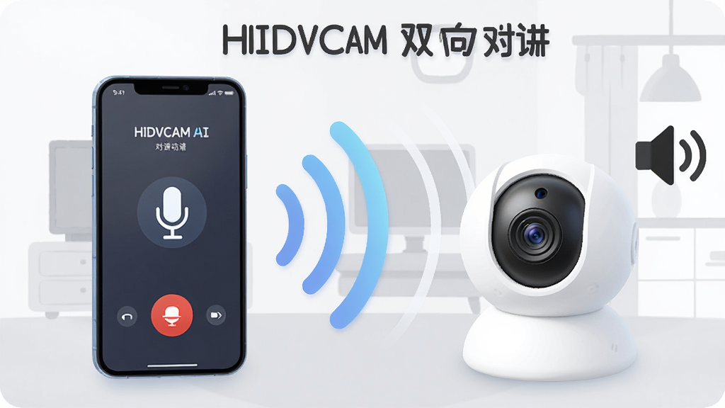 一张表现HIDVCAM语音对讲功能的AI生图,画面主体为一部智能手机与一个白色半球摄像头之间用声波线条连接,手机屏幕显示通话界面与麦克风图标,摄像头旁有喇叭符号,布局采用左右对称构图,风格为柔和插画风,细节上声波为淡蓝色渐变、背景为浅灰居家环境轮廓,整体画质干净高清,画面中文字标注“HIDVCAM 双向对讲”,无多余元素