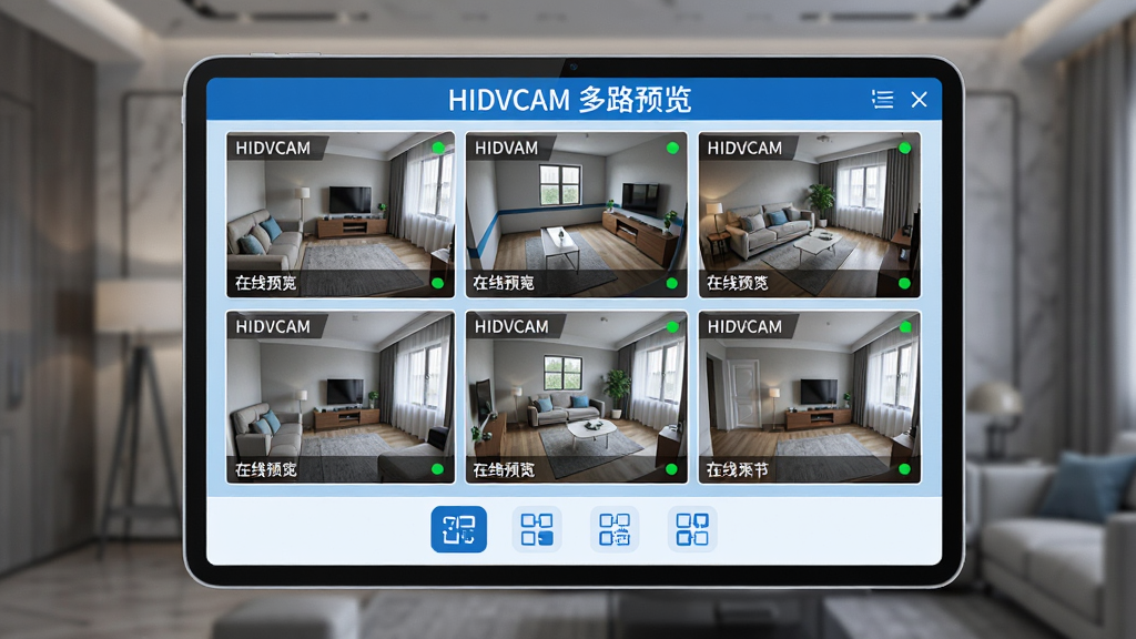 一张展示HIDVCAM多路预览功能的AI生图,画面主体为一块悬浮的平板屏幕,屏幕内整齐排列九个摄像头实时画面窗口,每个窗口分别显示不同房间与角落视角,屏幕下方有切换布局的按钮图标,布局采用横向宽幅展示,风格为简洁科技蓝白配色,细节上每个画面窗口带有设备名称标签与在线状态绿点,整体画质清晰锐利,画面中文字标注“HIDVCAM 多路预览”,干净无杂乱元素