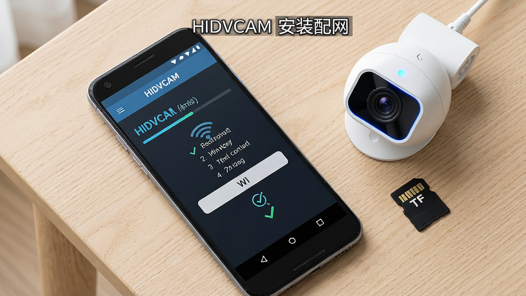 一张展示HIDVCAM手机端安装与配网流程的AI生图,画面主体为一部安卓手机平放在桌面上,屏幕显示HIDVCAM设备添加界面与WiFi连接步骤,手机旁边放着一个白色摄像头和一张TF存储卡,布局采用俯视平铺构图,风格为清爽产品展示风,细节上手机界面有进度条与勾选图标、摄像头指示灯为蓝色、桌面为浅木纹,整体画质高清干净,画面中文字标注“HIDVCAM 安装配网”,无多余元素