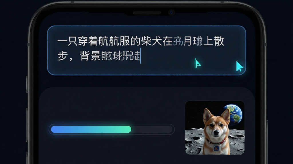 梦幻AI绘画文字输入生成过程示意图,主体为手机屏幕上半部分显示输入框内写有“一只穿着宇航服的柴犬在月球上散步,背景是地球升起”,下半部分为生成进度条与预览图逐渐显现,布局为上下结构,风格为科技感深色主题,细节包括输入框光标闪烁与生成按钮发光效果,画质高清,干净,无多余元素