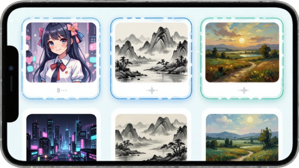 梦幻AI绘画风格选择界面截图,主体为手机屏幕中排列整齐的风格卡片,每张卡片展示不同绘画风格的缩略图,如二次元少女、赛博朋克城市、水墨山水、油画风景,布局为三列网格排列,风格为清新浅色UI,细节包括卡片圆角与选中高亮边框,画质清晰,干净,无多余元素