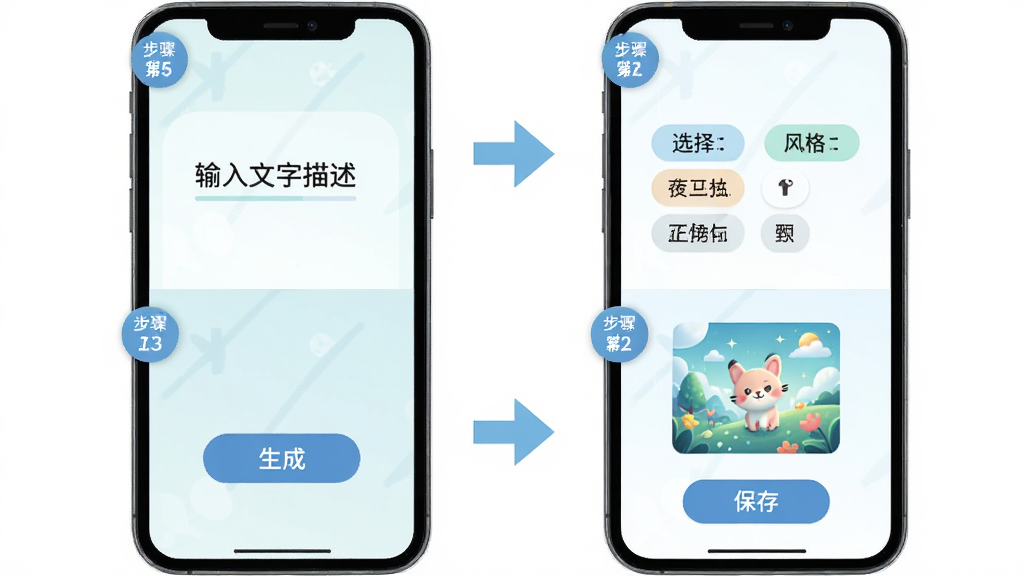 梦幻AI绘画新手操作步骤示意图,主体为手机屏幕分四格展示操作流程,第一格输入文字描述,第二格选择风格标签,第三格点击生成按钮,第四格显示生成完成的图片与保存按钮,布局为2x2网格排列,风格为清新浅色扁平化,细节包括步骤数字角标与箭头引导,画质高清,干净,无多余元素