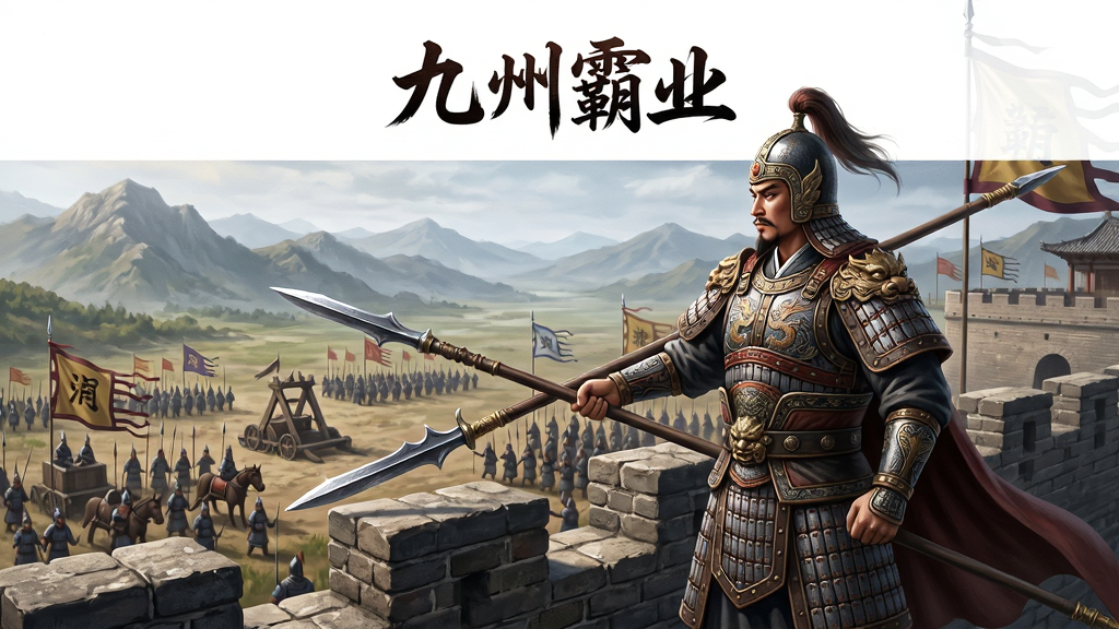 画面主体是一位身穿古代铠甲、手持长枪的武将,站在雄伟的城楼之上俯瞰辽阔的战场,背景是连绵的山脉与飘扬的旌旗。布局采用竖版构图,上方留白用于放置游戏标题“九州霸业”,下方展现军队阵列与攻城器械。风格为写实古风CG插画,细节包括铠甲纹路、旗帜刺绣、城墙砖石质感。画质高清,色彩厚重,干净无多余元素。