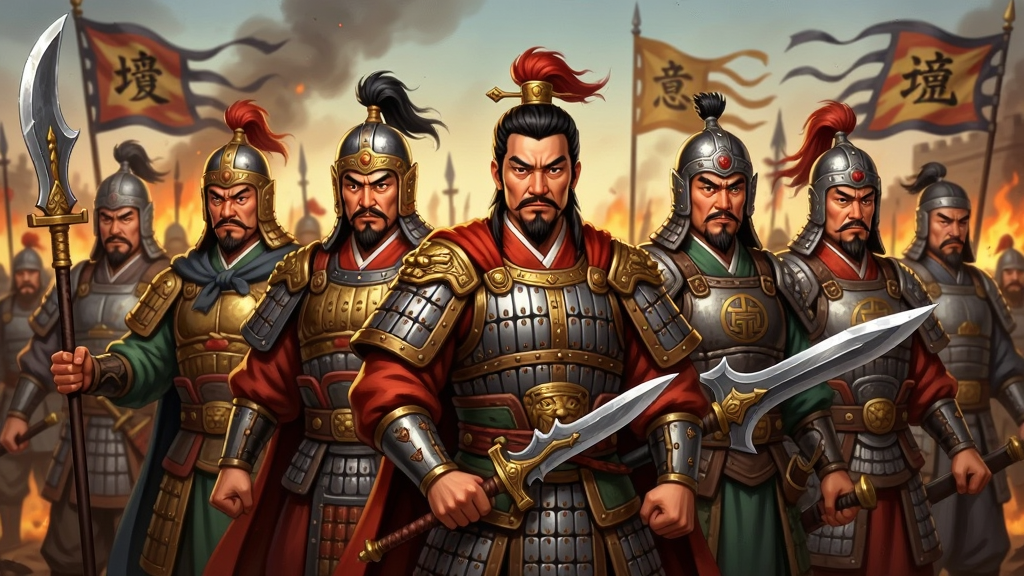 画面展示多位古代名将并排站立,每位武将身着不同风格的铠甲,手持专属兵器,背景是燃烧的战场与飘扬的战旗。布局采用横向排列,突出人物细节与气势。风格为写实古风角色立绘,细节包括铠甲光泽、武器纹理、面部表情。画质高清,色彩鲜明,干净无多余元素。