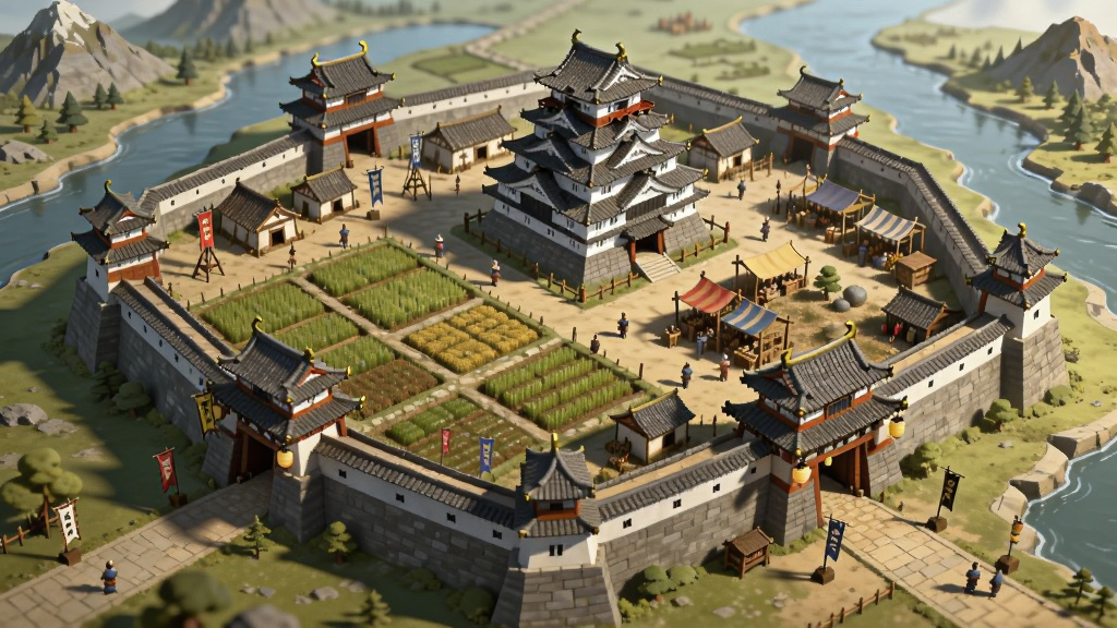画面中心是一座宏伟的古代东方幕府城池,城墙高耸,城内有农田、兵营、市集等建筑错落有致。布局采用俯视视角,展现城池全貌与周边山川河流。风格为古风策略游戏场景原画,细节包括屋檐瓦片、旗帜、灯笼、行人。画质精细,色彩温暖,干净无多余元素。
