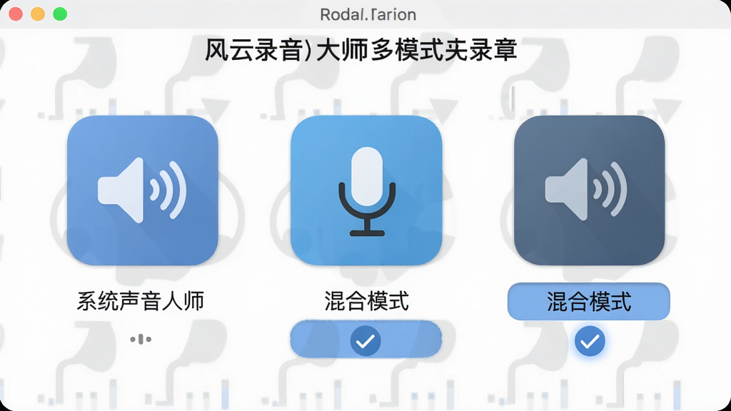 一张展示风云录音大师多模式录音功能的图片,主体为软件界面中三种录音模式图标并列展示,布局为横向排列,排版左侧为系统声音图标、中间为麦克风图标、右侧为混合模式图标,风格为扁平化设计,细节包括每种模式下方配有简短文字说明与选中高亮效果,画质高清,画面干净,无多余元素。