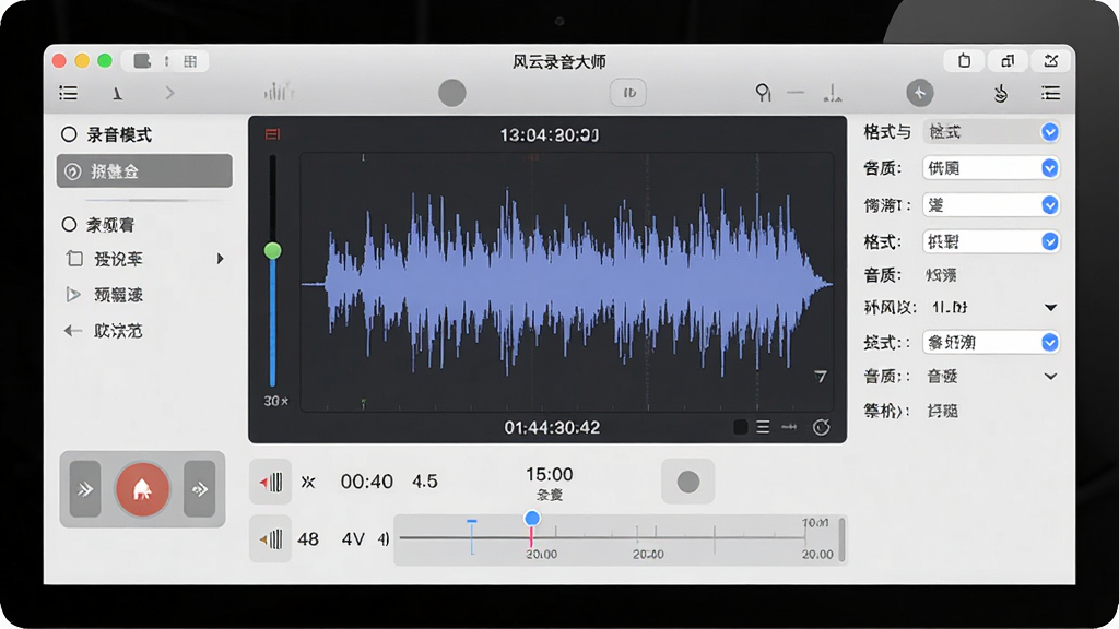 一张展示风云录音大师软件界面的图片,主体为电脑屏幕上的录音软件主界面,布局为中央显示录音波形与时长,左侧为录音模式选择菜单,右侧为格式与音质设置面板,排版清晰整齐,风格为现代简约科技风,细节包括录音按钮、音量条、时间轴、格式下拉框等元素,画质高清,画面干净,无多余元素。