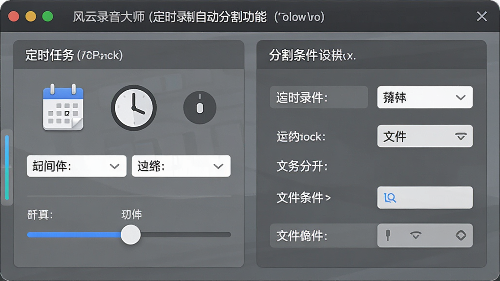 一张展示风云录音大师定时录制与自动分割功能的图片,主体为软件设置面板中的定时任务与文件分割选项,布局为左侧显示时间设置控件,右侧显示分割条件选择,排版规整,风格为实用工具风格,细节包括日历图标、时钟图标、文件分割滑块等元素,画质高清,画面干净,无多余元素。